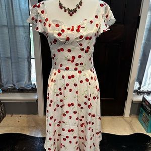 Luouse White Satiny Cherry Print Dress - Size S w/FREE Cherry Necklace